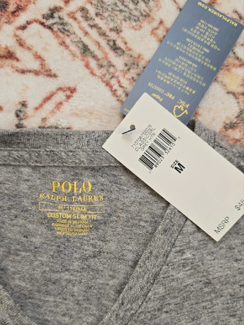 NWT Polo Ralph Lauren Heather Gray V-Neck Logo Tee Custom Slim Fit Med